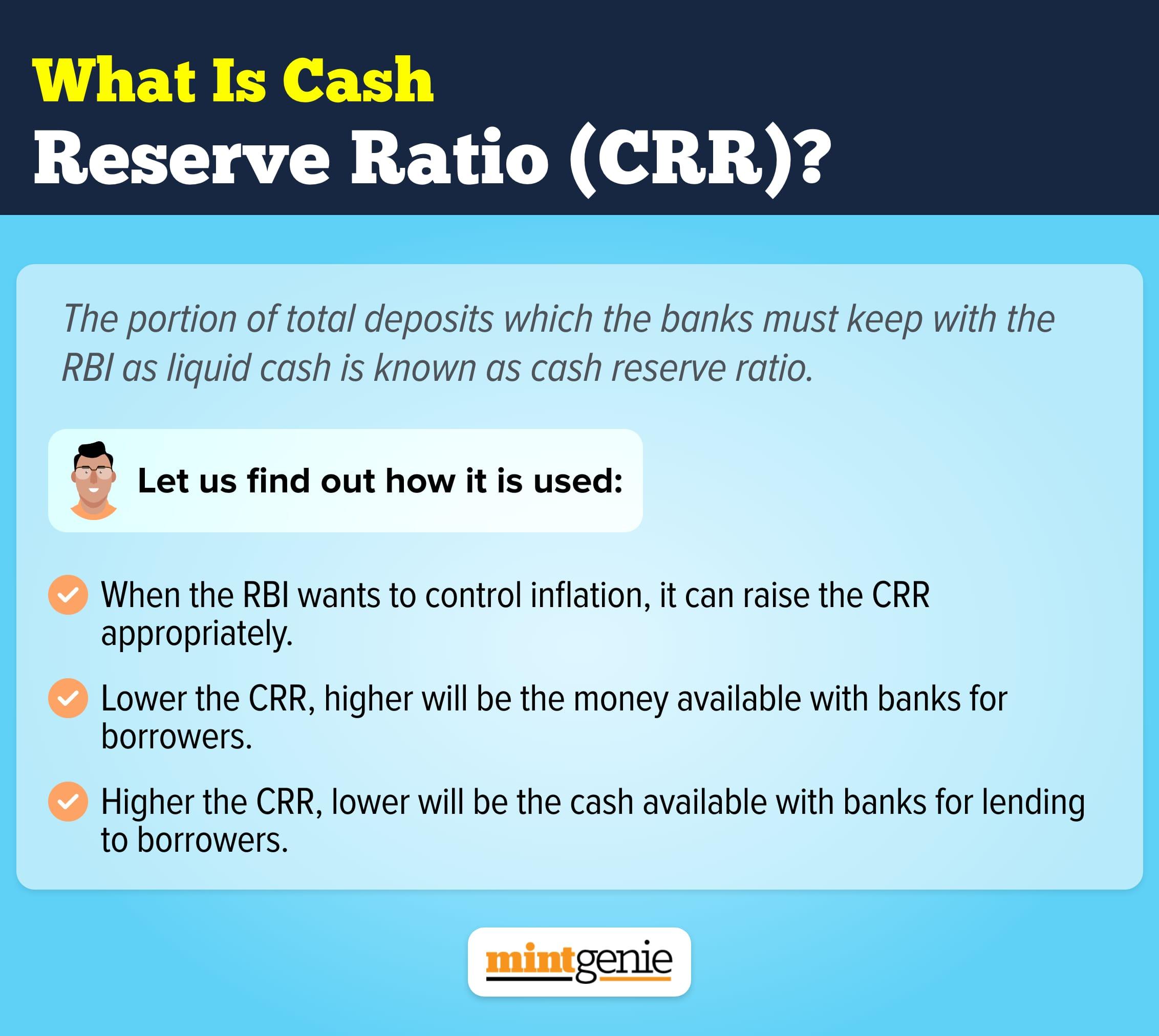 The portion of total deposits which the banks must keep with the RBI as liquid cash is known as cash reserve ratio.&nbsp;