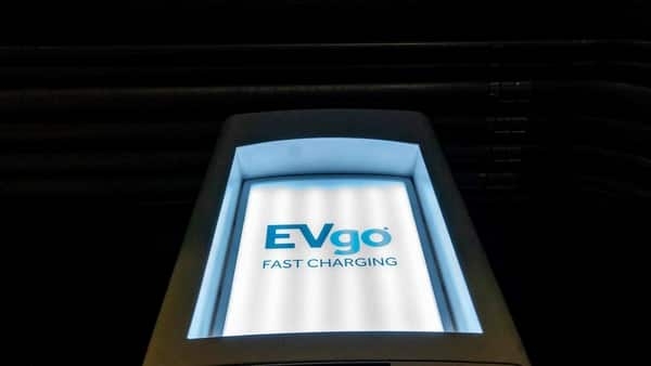An EVgo fast charging station for electric vehicles is seen in Union Station in Washington, DC, on February 9, 2022. (Photo by Stefani Reynolds / AFP)