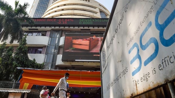 Sensex opened in the green and stayed higher throughout the session eventually closing 574 points, or 1.02 percent, higher at 57,037.50. (PTI Photo/Kunal Patil)&nbsp;