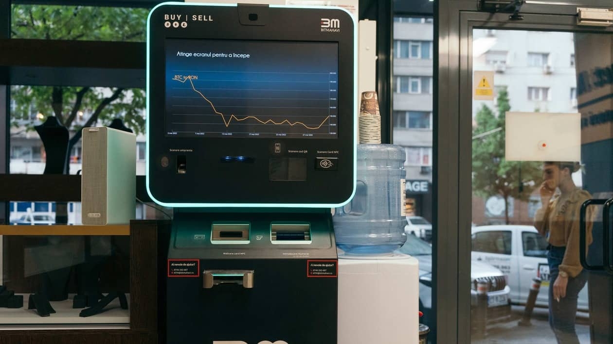 A cryptocurrency automated teller machine (ATM), operated by trading platform BitMahavi, inside a currency exchange office in Bucharest, Romania, on Tuesday, May 31, 2022. Cryptocurrencies re-established their tendency to trade in tandem with equities after divergence last week sparked concerns that investors would continue dumping digital tokens even amid a revival in demand for other risk assets. Photographer: Andrei Pungovschi/Bloomberg