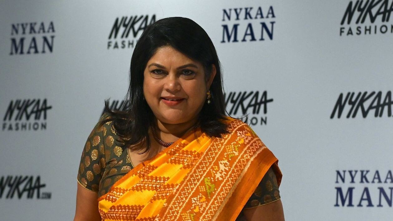 Falguni Nayar, managing director and CEO of Nykaa, an online marketplace for beauty and wellness products, speaks during a press conference in Mumbai on April 22, 2022. (Photo by INDRANIL MUKHERJEE / AFP)