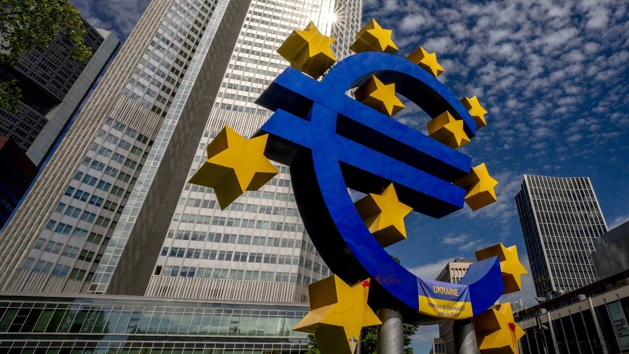 The Euro sculpture stands in front of the former European Central Bank in Frankfurt, Germany, Wednesday, July 13, 2022. The euro on Tuesday fell to parity with the dollar for the first time in nearly 20 years. (AP Photo/Michael Probst)