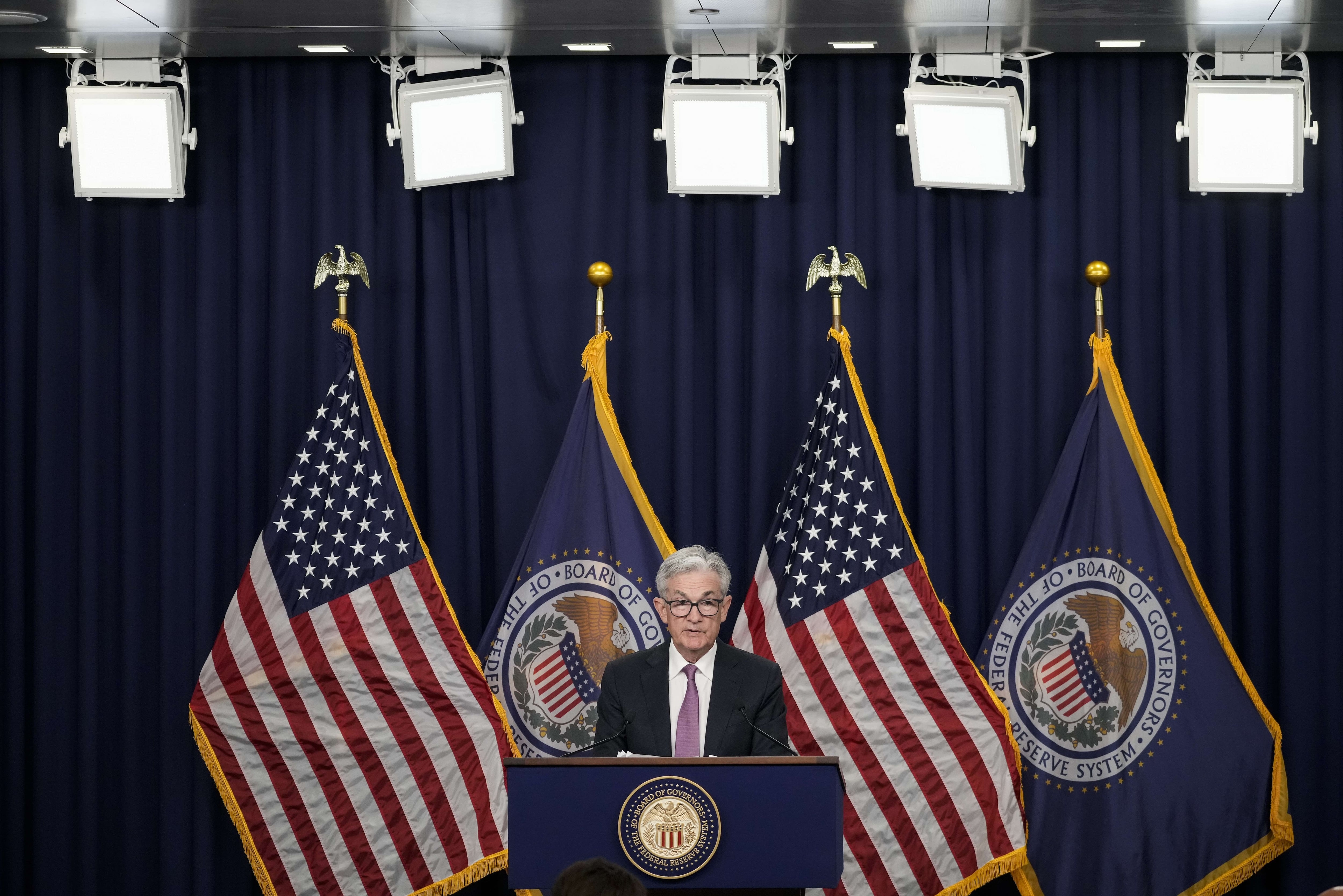 WASHINGTON, DC - JULY 27: U.S. Federal Reserve Board Chairman Jerome Powell speaks during a news conference following a meeting of the Federal Open Market Committee (FOMC) at the headquarters of the Federal Reserve, July 27, 2022 in Washington, DC. Powell announced that the Federal Reserve is raising interest rates by three-quarters of a percentage point.   Drew Angerer/Getty Images/AFP
== FOR NEWSPAPERS, INTERNET, TELCOS & TELEVISION USE ONLY ==