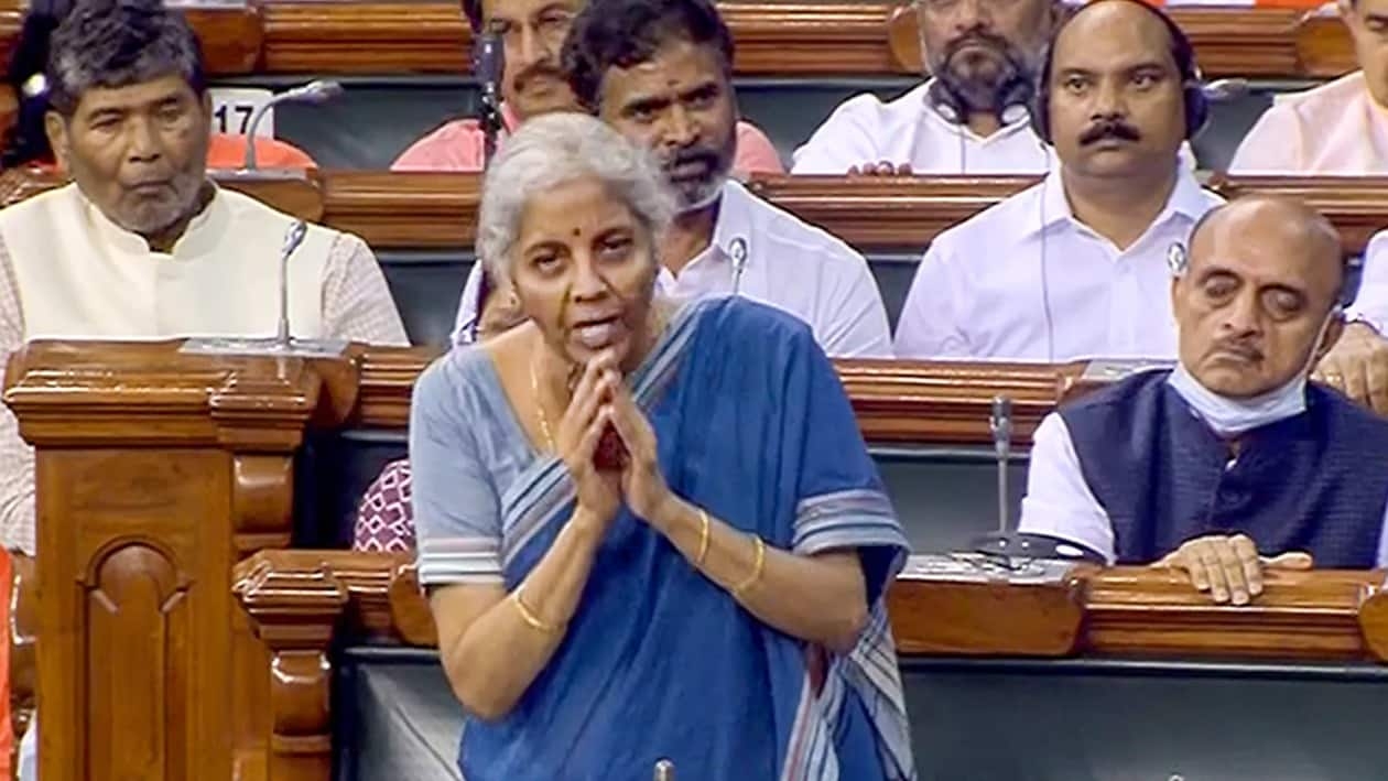 New Delhi: Union Finance Minister Nirmala Sitharaman speaks in the Lok Sabha during ongoing Monsoon Session of Parliament, in New Delhi, Monday, Aug. 1, 2022. (SANSAD TV/PTI Photo)(PTI08_01_2022_000284A)