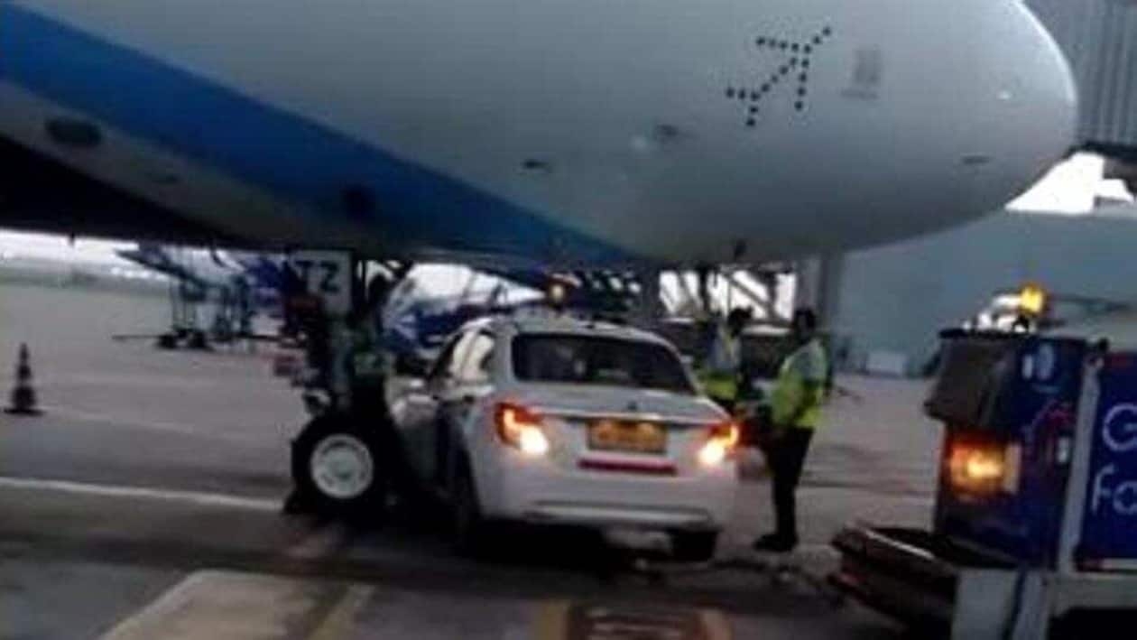 The car, which was used as a ground vehicle by low-budget airline Go First, stopped right under the nose of the IndiGo plane that was preparing for a 6.30am flight to Patna