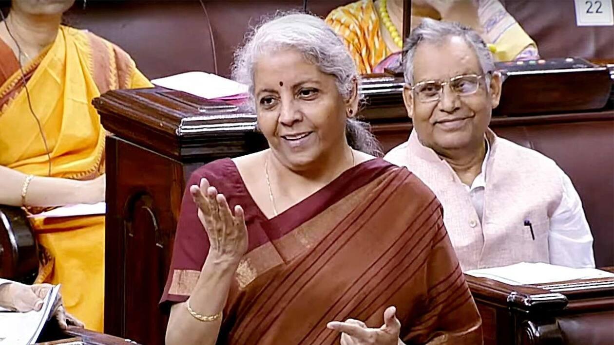 New Delhi, Aug 02 (ANI): Union Finance Minister Nirmala Sitharaman speaks in Rajya Sabha during the Monsoon Session of Parliament, in New Delhi on Tuesday. (ANI Photo/ SansadTV)