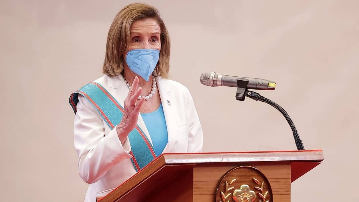 This handout taken and released by Taiwan's Presidential Office on August 3, 2022 shows US House Speaker Nancy Pelosi speaking in the Presidential Office in Taipei. (Photo by Handout / Taiwan Presidential Office / AFP)&nbsp;