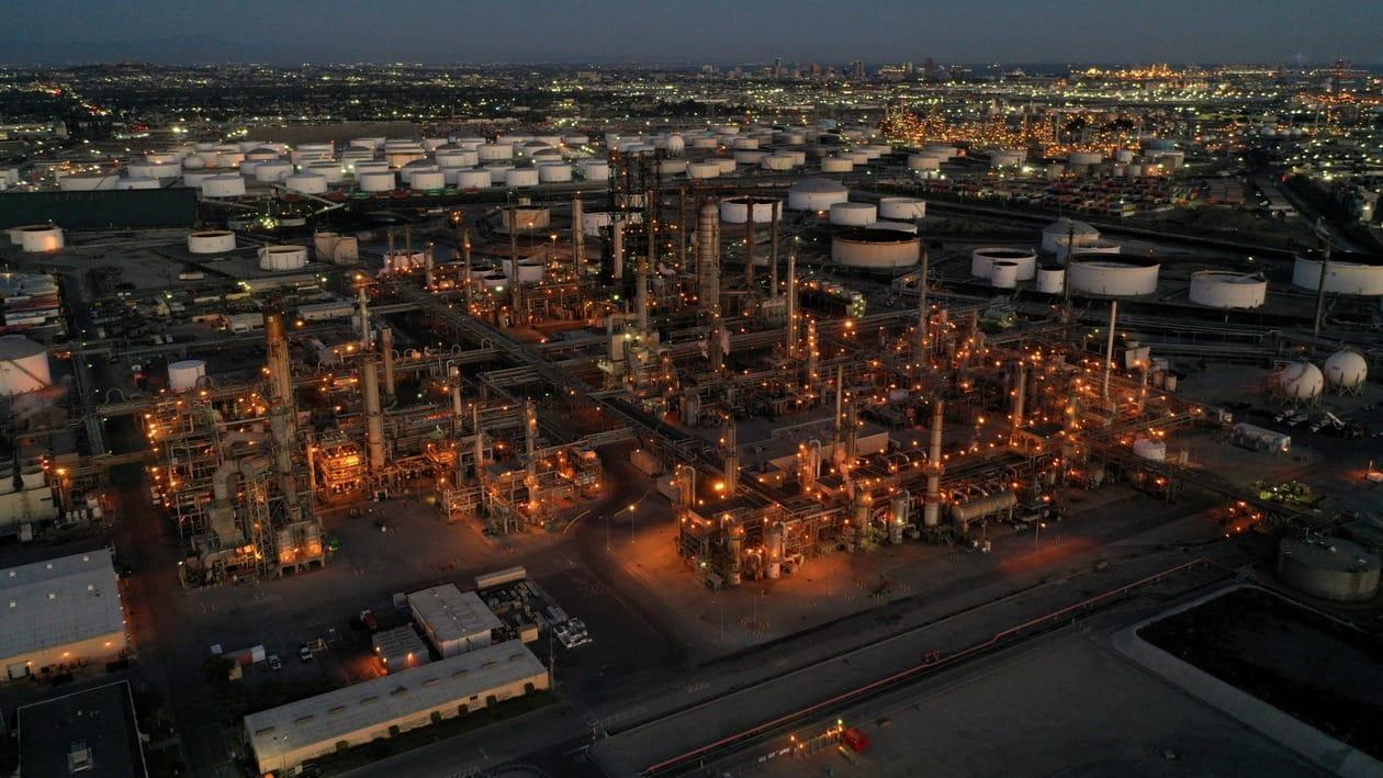 FILE PHOTO: A general view of the Phillips 66 Company's Los Angeles Refinery, which processes domestic & imported crude oil into gasoline, aviation and diesel fuels, in Carson, California, U.S., March 11, 2022. Picture taken March 11, 2022. Picture taken with a drone. REUTERS/Bing Guan/File Photo
