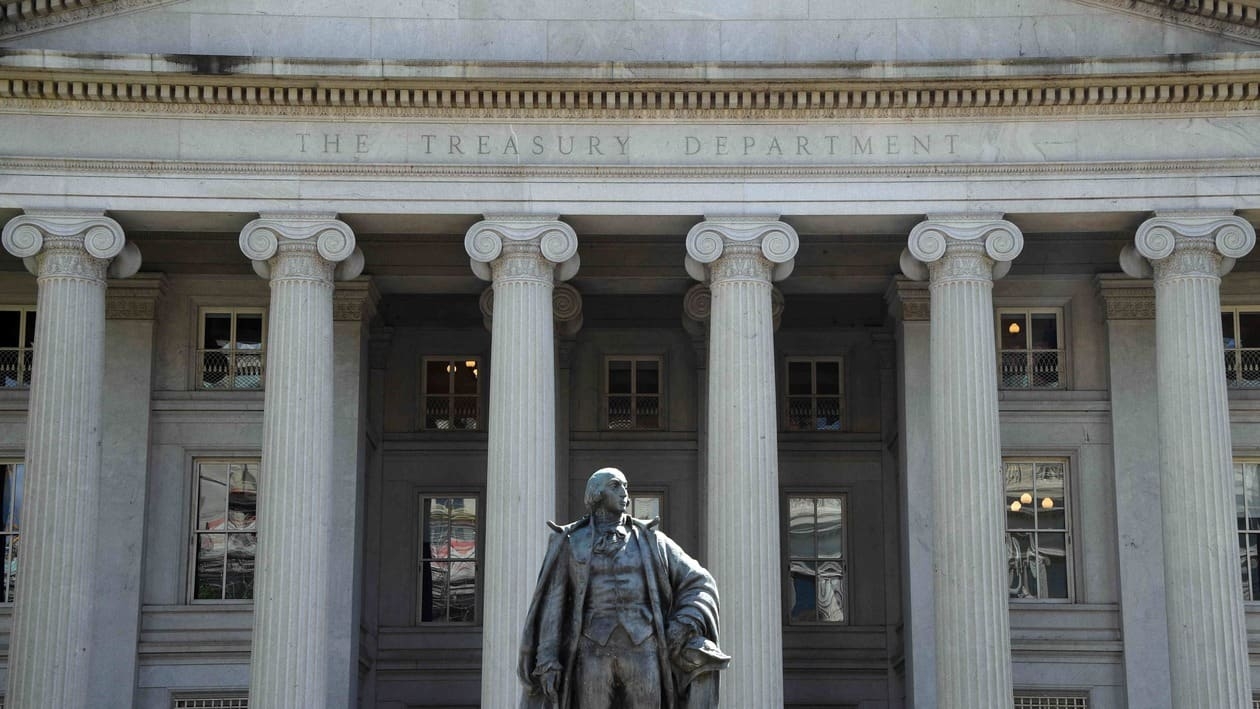The Department of the Treasury building in Washington, DC, on August 20, 2022. (Photo by Daniel SLIM / AFP)