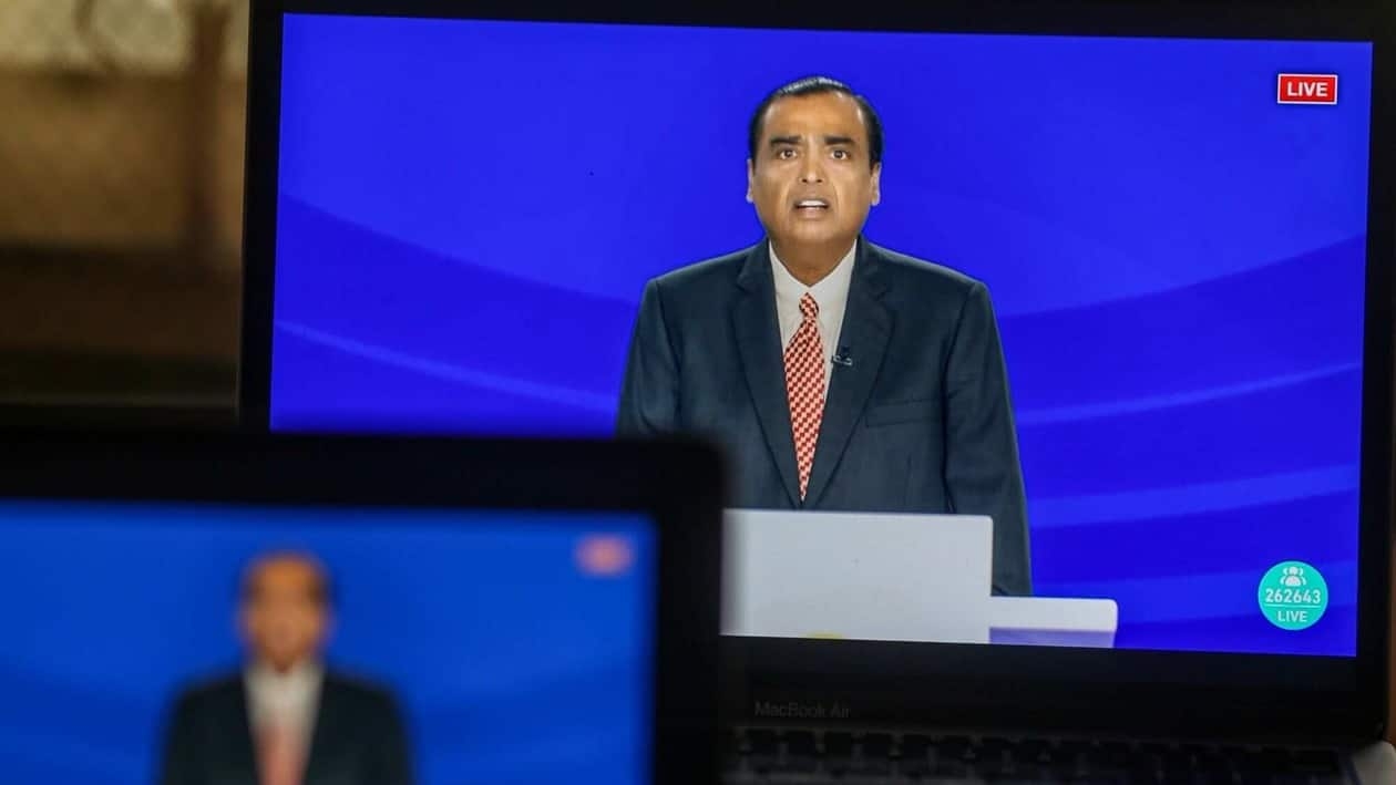 Mukesh Ambani, chairman and managing director of the Reliance Industries Ltd., speaks via live stream during the annual general meeting in Mumbai, India, on Monday, Aug. 29, 2022. Reliance will invest 2 trillion rupees ($25 billion) to roll out its 5G services in October across the largest Indian cities, its billionaire-chairman�Mukesh Ambani�said as he continues to expand and diversify the $221 billion empire. Photographer: Dhiraj Singh/Bloomberg