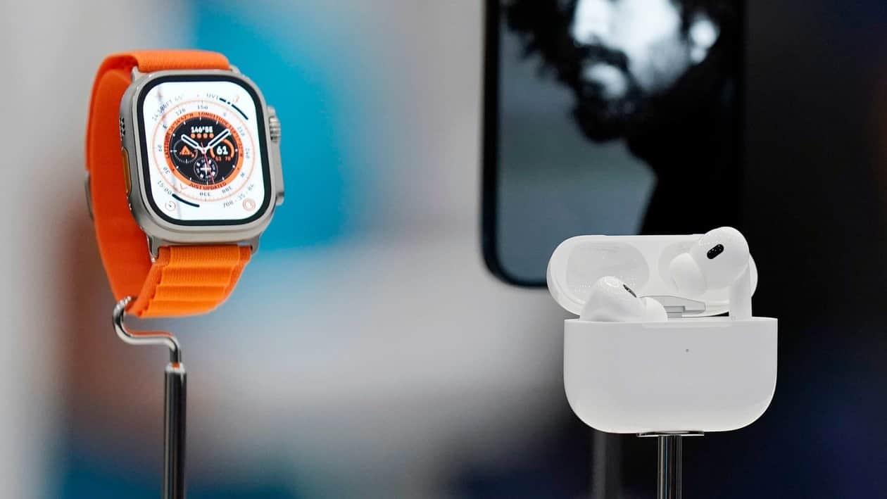 An Apple Watch Ultra, left, and new second-generation AirPods Pro are on display at an Apple event on the campus of Apple's headquarters in Cupertino, Calif., Wednesday, Sept. 7, 2022. (AP Photo/Jeff Chiu)