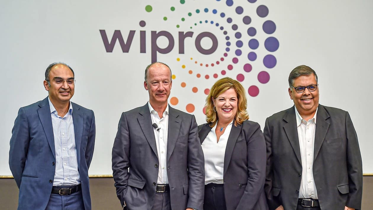 Bengaluru: Wipro Ltd Managing Director and CEO Thierry Delaporte (2nd L), Chief Financial Officer Jatin Dalal (L), Chief Growth Officer Stephanie Trautman and Chief Human Resources Officer Saurabh Govil during a press conference to announce the company's first quarter financial results, at its headquarters in Bengaluru, Wednesday, July 20, 2022. (PTI Photo/Shailendra Bhojak)(PTI07_20_2022_000188A)