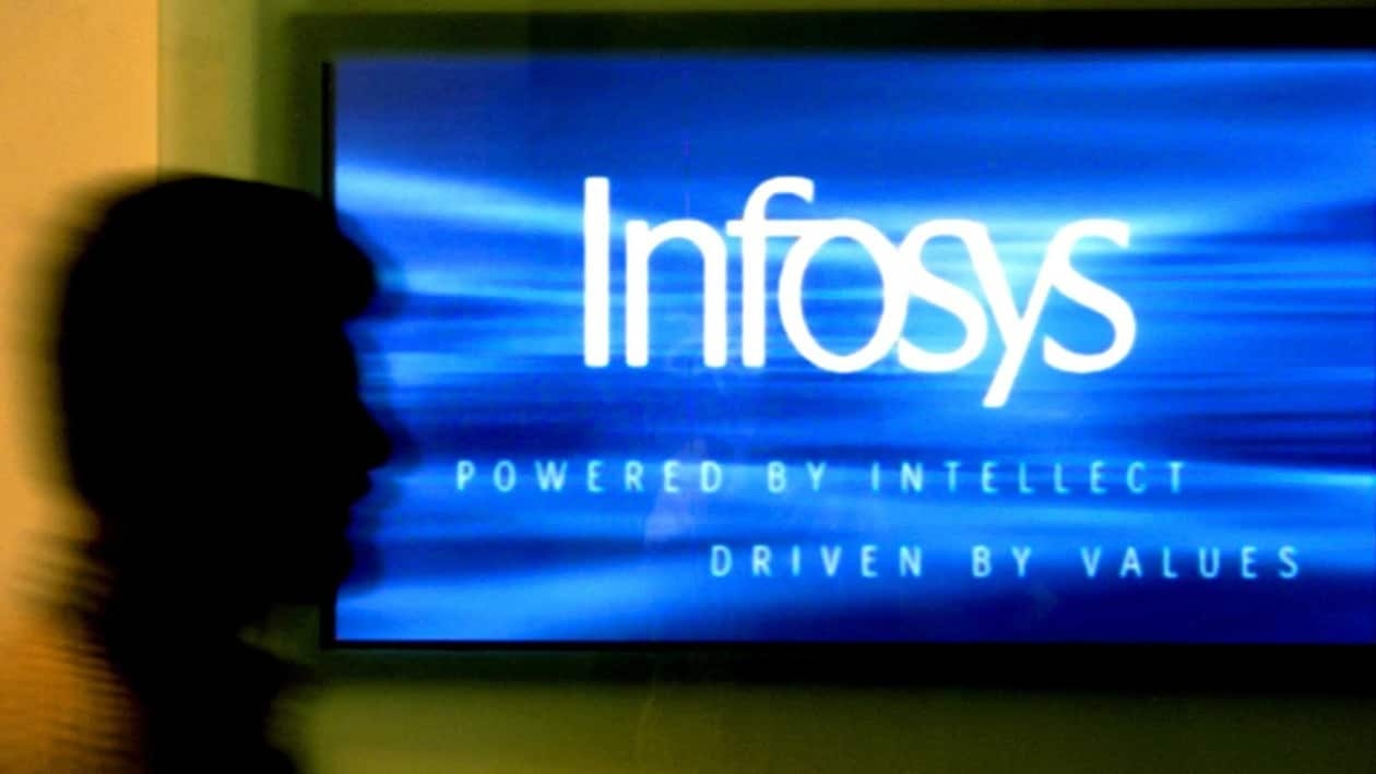 FILE PHOTO: A man walks past a billboard of Infosys Technologies Ltd's office in Bangalore, India, Oct. 10, 2003. REUTERS/Jagadeesh N.V./File Photo