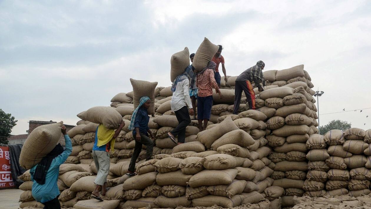 New Delhi: In this Oct. 17, 2021 file photo, labourers work at a grain market in Jalandhar. India's economy grew by 13.5 per cent in the April-June period this fiscal -- the fastest in the last four quarters, as per official records released on Aug. 31, 2022. (PTI Photo)(PTI08_31_2022_000199A)