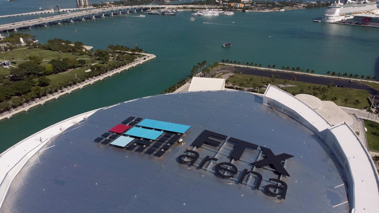 The logo of FTX is seen in the rooftop of the FTX Arena in Miami, Florida, U.S., November 12, 2022. REUTERS/Marco Bello