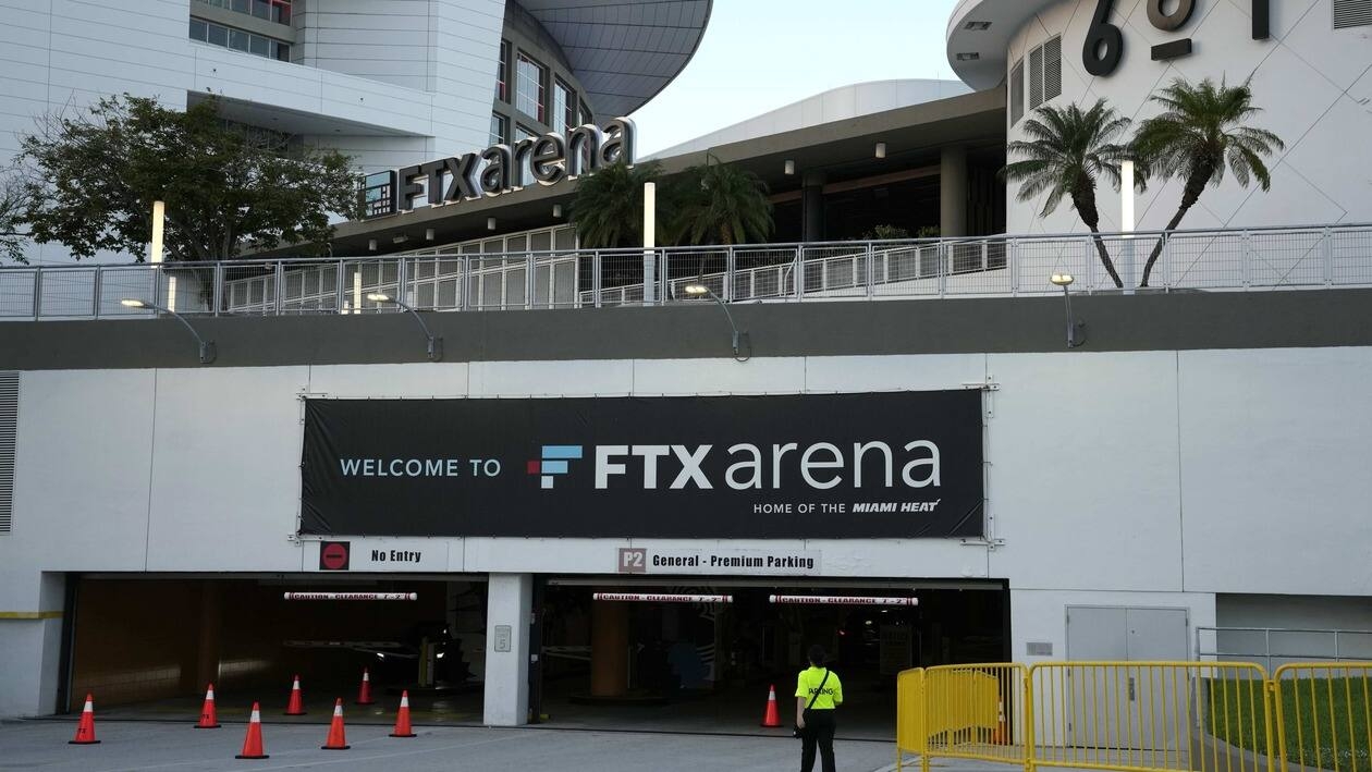 The FTX logo is pictured on the FTX Arena, where the Miami Heat NBA basketball team play, Tuesday, Dec. 6, 2022, in Miami. (AP Photo/Lynne Sladky)