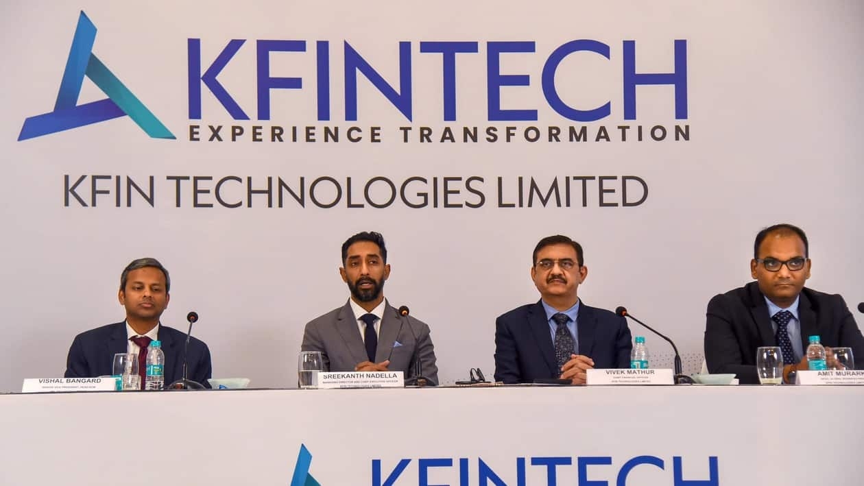 Mumbai: KFin Technologies� Sreekanth Nadella, MD and CEO, Vivek Mathur, CFO,  Amit Murarka, Head, Global Business (M&A), at an event to launch the KFin IPO, in Mumbai, Wednesday, Dec. 14, 2022. (PTI Photo)(PTI12_14_2022_000236B)