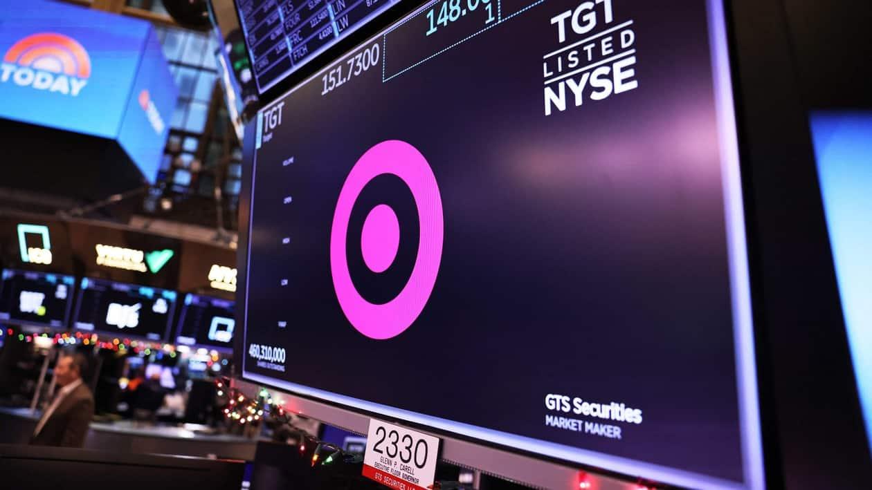 NEW YORK, NEW YORK - JANUARY 04: The Target company logo is seen on a screen as traders work on the floor of the New York Stock Exchange during morning trading on January 04, 2023 in New York City. U.S. stocks rose at the start of the second day of trading in 2023. The stock market opened awaiting an economic data report on the U.S. economy amid the Federal Reserve�s rate hikes to attempt to lower inflation.   Michael M. Santiago/Getty Images/AFP (Photo by Michael M. Santiago / GETTY IMAGES NORTH AMERICA / Getty Images via AFP)