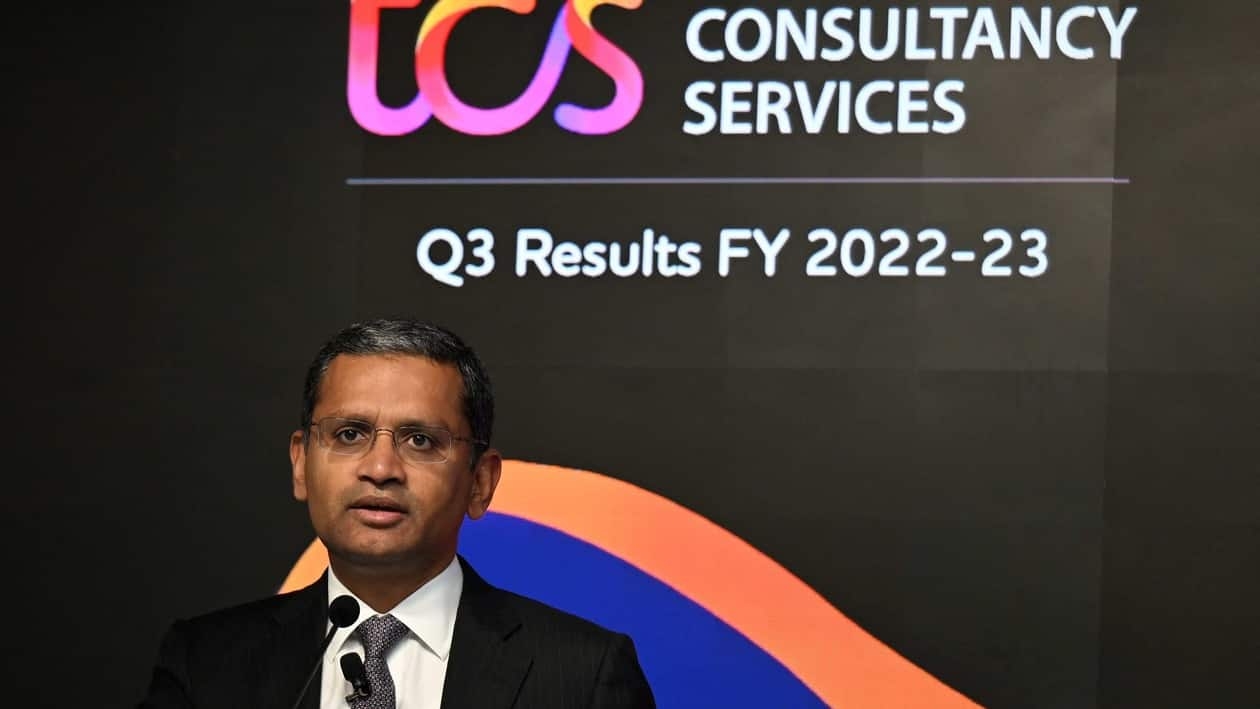Rajesh Gopinathan, chief executive and managing director of India's largest software exporter Tata Consultancy Services (TCS), speaks during a news conference to announce company�s quarterly earnings results, in Mumbai on January 9, 2023. (Photo by Punit PARANJPE / AFP)