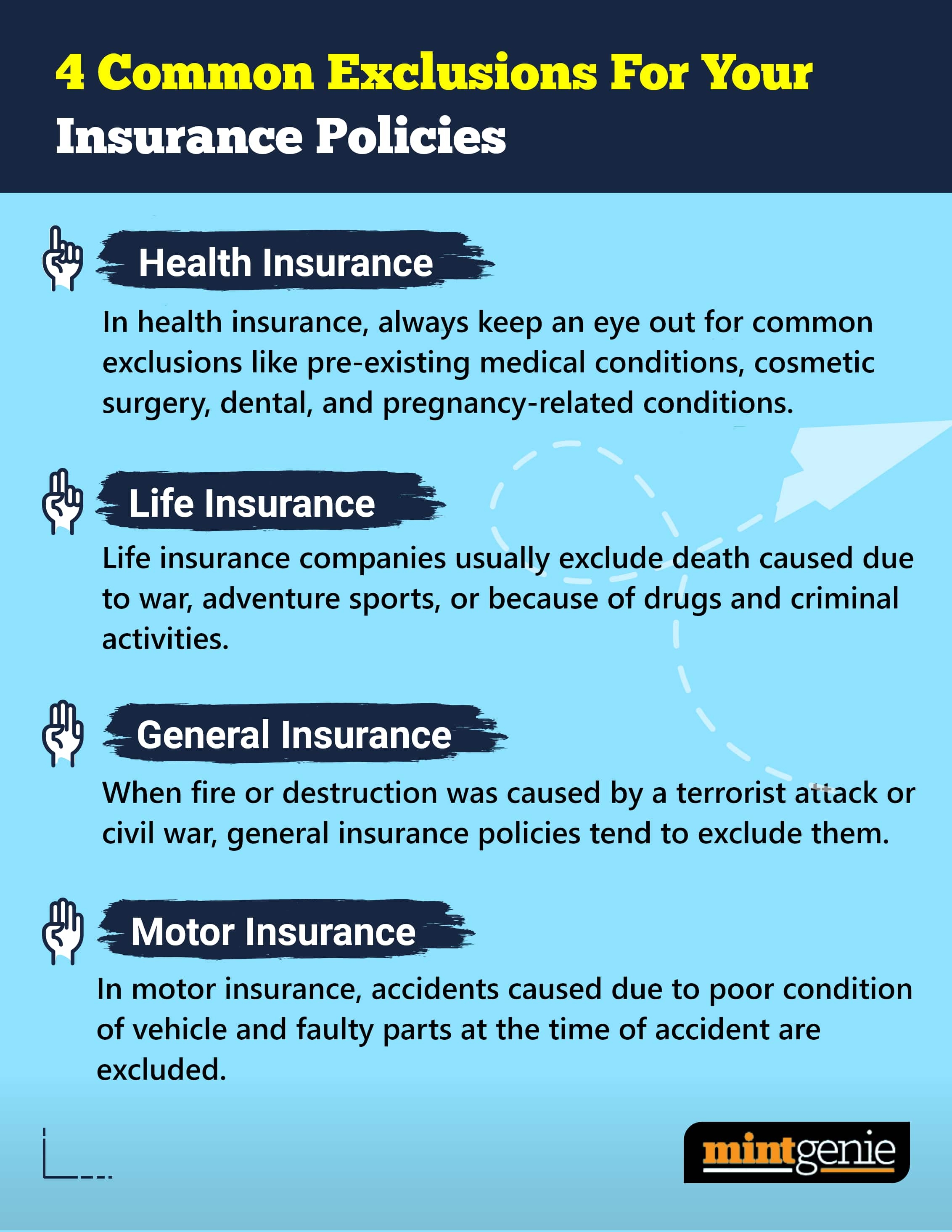 Here we describe the common exclusions for health, life, motor and general insurance policies. 