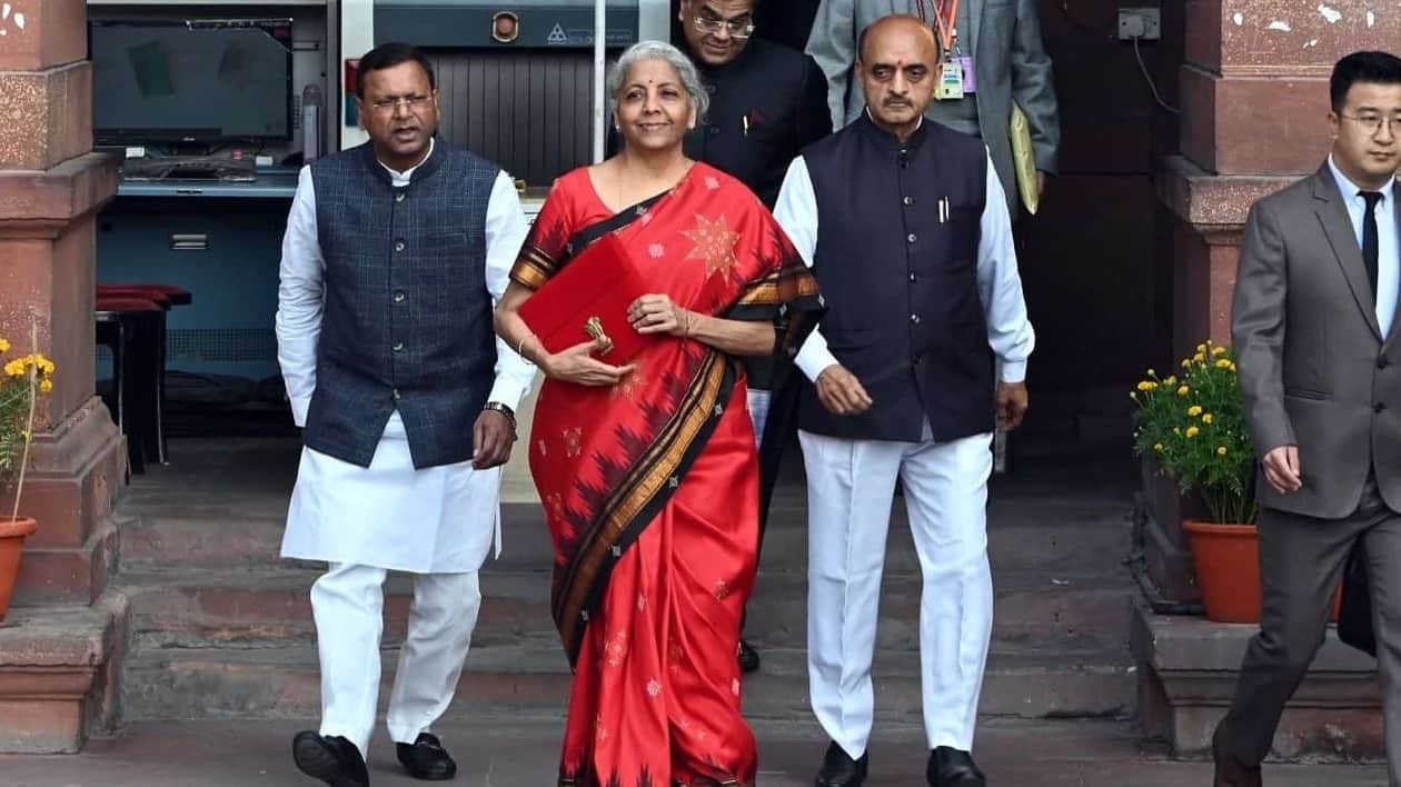 Nirmala Sitharaman, India's finance minister, center, and other members of the finance ministry leave the ministry to present the budget at the parliament in New Delhi, India, on Wednesday, Feb. 1, 2023. Sitharaman�will announce the last full-year budget before Prime Minister Narendra Modi seeks a third term in elections due in the summer of 2024. Photographer: Prakash Singh/Bloomberg