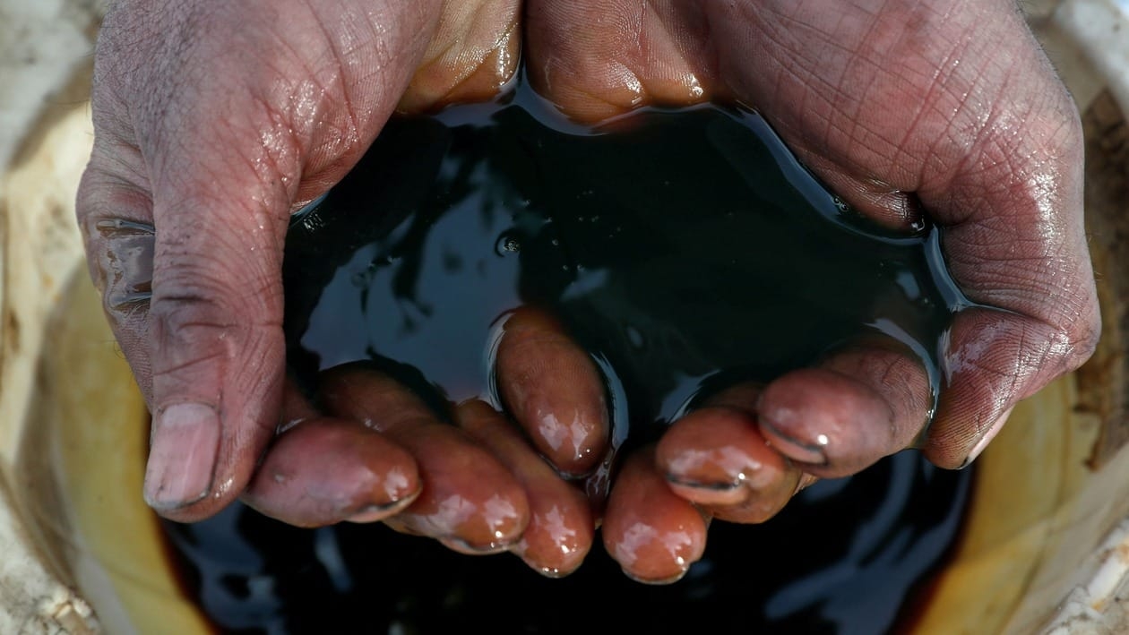 FILE PHOTO: An employee holds a sample of crude oil at the Yarakta oilfield, owned by Irkutsk Oil Co, in the Irkutsk region, Russia on March 11, 2019. REUTERS/Vasily Fedosenko/File Photo